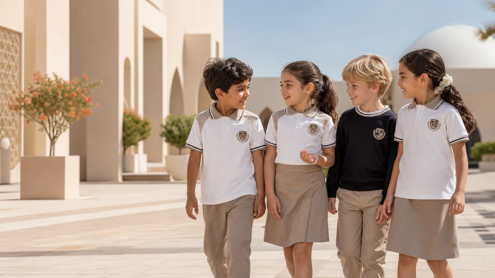 Students walking together through a bright school courtyard